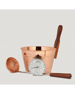 Luxury Finnish Sauna Bucket in Copper, Matching Ladle and Thermometer/Hygrometer Kit
