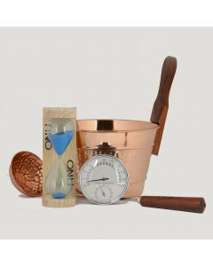 Luxury Finnish Sauna Bucket in Copper, Matching Ladle, Thermometer/Hygrometer and Sand Timer Kit