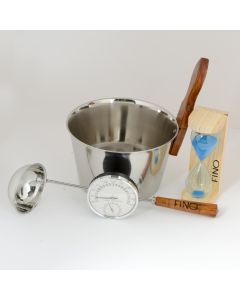 Luxury Finnish Sauna Bucket in Stainless Steel, Matching Ladle, Thermometer/Hygrometer and Sand Timer Kit