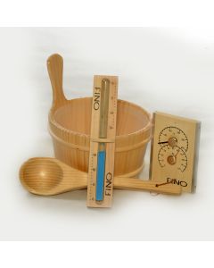 Wooden 1 Gallon Finnish Sauna Bucket, Matching Ladle, Thermometer/Hygrometer and Sand Timer Kit