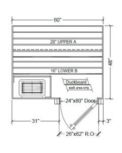 4x5 Clear Western Red Cedar Custom Sauna Kit Layout Shown with RIGHT Hinge Douglass Fir Sauna Door