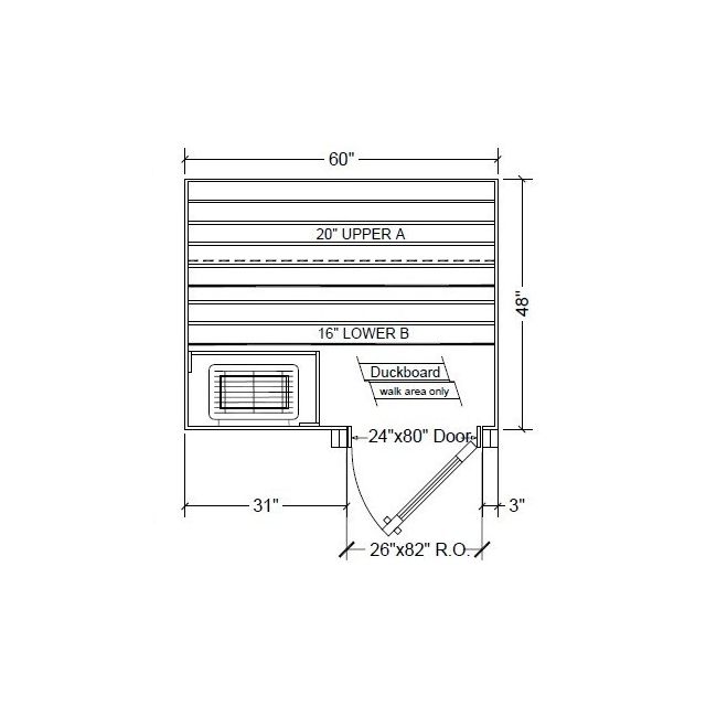 4x5 Clear Western Red Cedar Custom Sauna Kit Layout Shown with RIGHT Hinge Douglass Fir Sauna Door